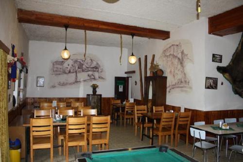 a dining room with a pool table in a restaurant at tvrz Holešice Orlická přehrada - Chaty in Kamenice