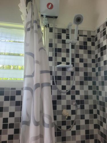 a shower with a white shower curtain in a bathroom at Manava'ofa Place in Folaha