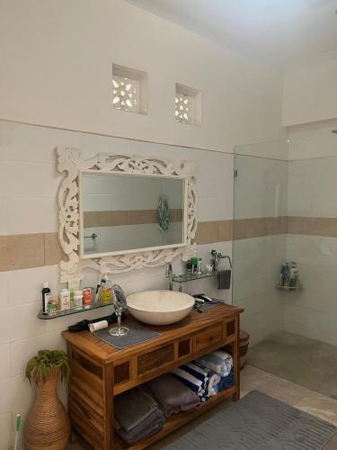 un baño con lavabo y espejo en Villa Harmony Moon, en Denpasar