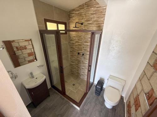 a bathroom with a shower and a toilet and a sink at Rancho Valsan Cabaña El Tiro in El Oro de Hidalgo