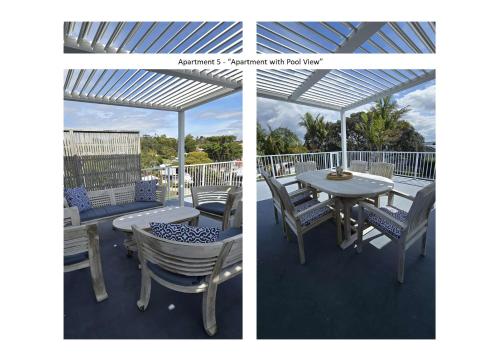 two pictures of a patio with a table and chairs at Stay n Play n Russell in Russell