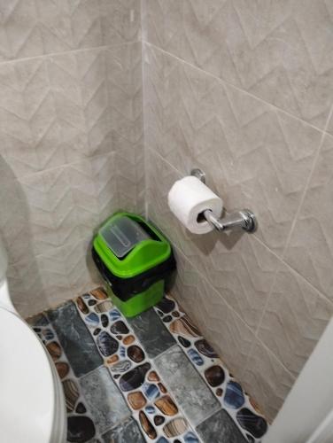 a bathroom with a green trash can next to a toilet at JANHOUR PLACE in San Vicente