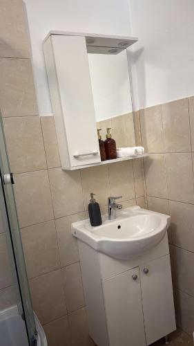 a bathroom with a white sink and a mirror at Nova Central Apartment in Bacău