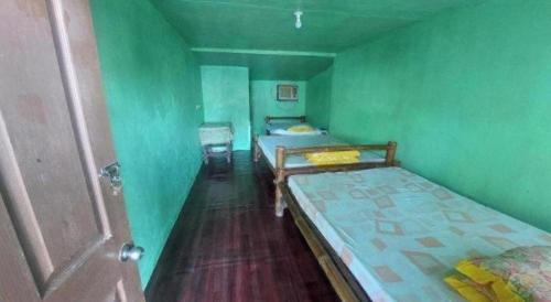 - une chambre avec 2 lits dans une pièce verte dans l'établissement Magic's Place Beach Resort, à Saavedra