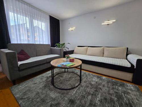 a living room with a couch and a coffee table at Apartman SAN in Sarajevo