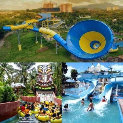 un collage de tres fotos de un parque acuático en seri serindit homestay, en Gua Sai