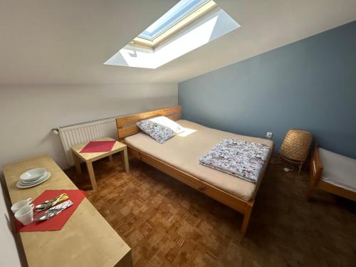 a small room with a bed and a skylight at Jabłoń w Ogrodzie in Częstochowa