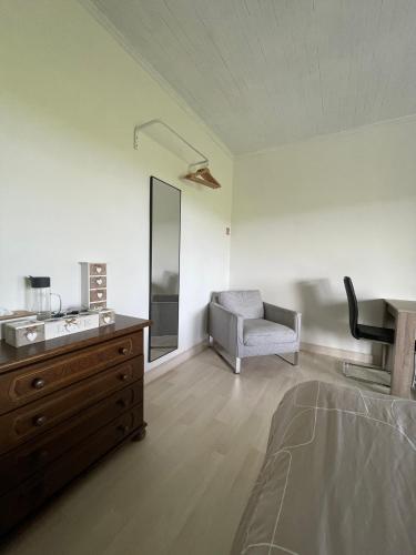 ein Schlafzimmer mit Kommode, Stuhl und Spiegel in der Unterkunft Elba in Herne