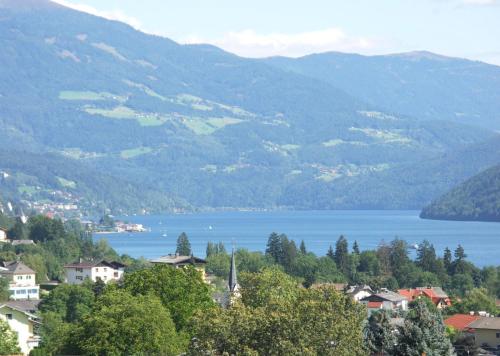 a view of a town with a lake and mountains at Apartments Krista in Seeboden