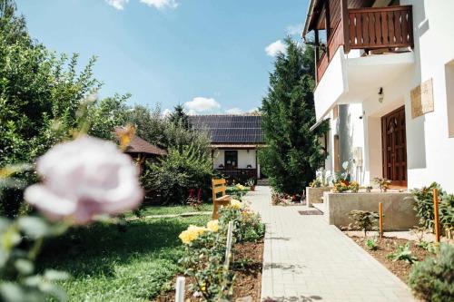 a garden in front of a house with a walkway at Szárhegyi Vendégház in Lăzarea
