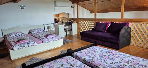 a living room with a purple couch and a couch at Dream weekend house in Visoko