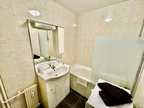 Un baño blanco con lavabo y ducha en Appartement Frontalier 1, en Saint-Julien-en-Genevois