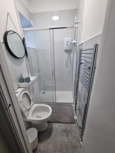 a bathroom with a toilet and a glass shower at Kingfield Boutique Hotel in Sheffield