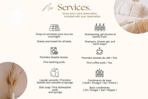 a page of a product brochure for a bed with the names of the services at Escapade Rochelaise in La Rochelle