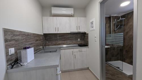 a kitchen with white cabinets and a sink and a shower at Crystal Blue in Potos