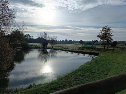 a river with the sun reflecting on the water at Les Ch'tis Normands 2! in Litteau