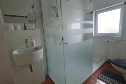 a white bathroom with a sink and a toilet at NEU Elizahaus-Ringbergblick Suhl in Suhl