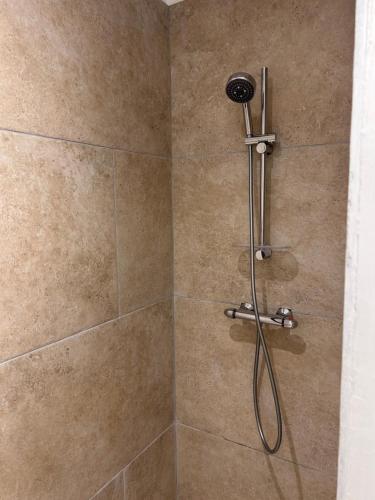 a shower with a shower head in a bathroom at le relais des étangs in Mareuil-Caubert