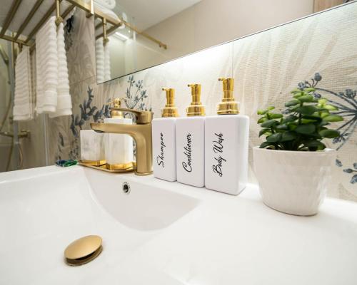 La salle de bains est pourvue d'un lavabo avec un robinet en or et une plante. dans l'établissement Santiago s top Residence, Experience it & Believe it, à Santiago de los Caballeros