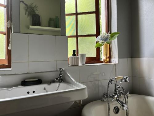 een badkamer met een bad, een wastafel en een raam bij The Little Thatch Cottage in Greyton