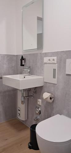 a bathroom with a white sink and a toilet at kreuzwirt bayern in Essenbach