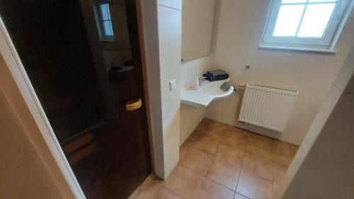 ein kleines Badezimmer mit Waschbecken und Dusche in der Unterkunft Haus am Golfplatz Cochem Mosel in Ediger-Eller