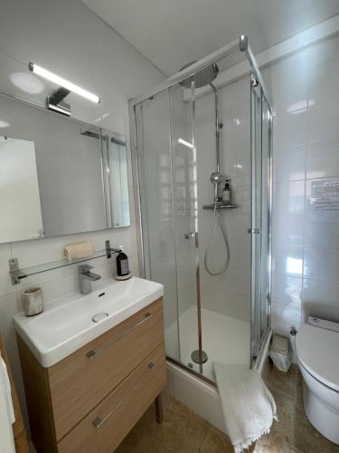 ein Badezimmer mit Dusche, Waschbecken und Toilette in der Unterkunft Appart Bianca T2 - Terrasse - Parking - Calme - 1mn de la mer in Cassis