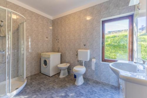 a bathroom with a toilet and a sink and a shower at Maria Buzet 1 with Shared Pool in Buzet