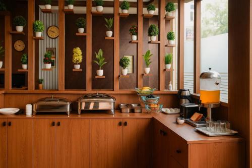 a kitchen with a counter with potted plants on the wall at Hotel Prime Classic ,Airport Zone,Shamshabad in Shamshabad