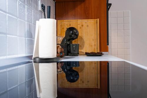 eine Küchentheke mit einer Rolle Papierhandtücher in der Unterkunft Holiday house Solis in Rab