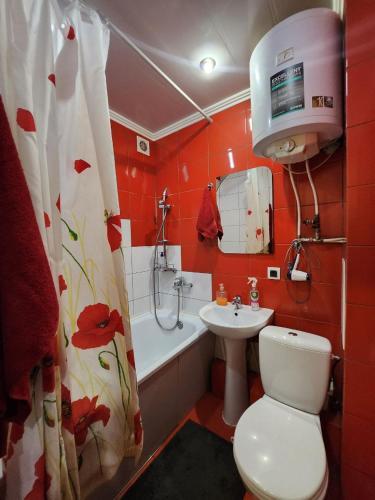 クルィヴィーイ・リーフにあるComfortable Apartmentsの赤いバスルーム(トイレ、洗面台付)