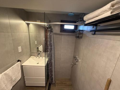 a small bathroom with a sink and a shower at Cabañas boutique Huella Andina in Potrerillos