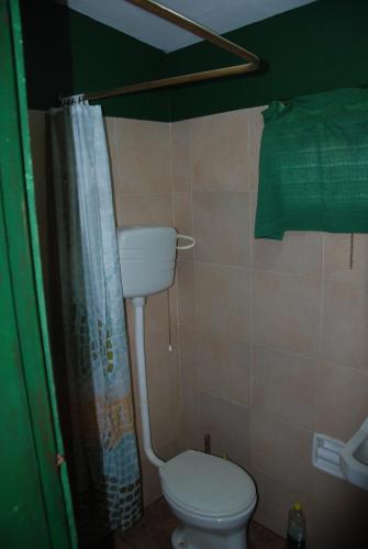 a bathroom with a toilet and a shower curtain at Excelente casa de descanso in Barra de Valizas