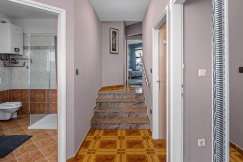 a staircase in a bathroom with a shower and a toilet at Home DiE Paradise in Labin