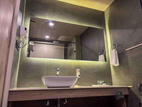 een badkamer met een wastafel en een grote spiegel bij Carom Hotel Manali in Manāli