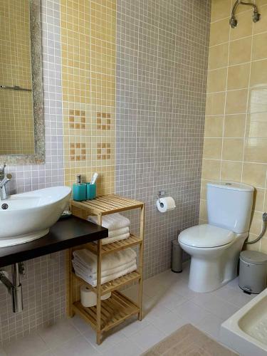 ein Badezimmer mit weißer Toilette und Waschbecken in der Unterkunft Galini Estate in Kardítsa