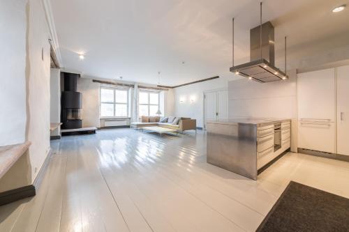 Medieval Old Town Gem with Sauna and Fireplace في تالين: مطبخ كبير وغرفة معيشة في مبنى