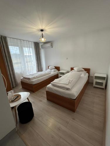 une chambre d'hôtel avec deux lits et une table dans l'établissement Pensiunea Casa Rofo, à Nima