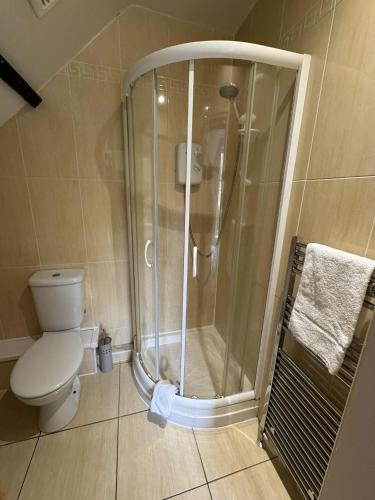 a bathroom with a shower and a toilet at Nether Edge Apartments in Sheffield