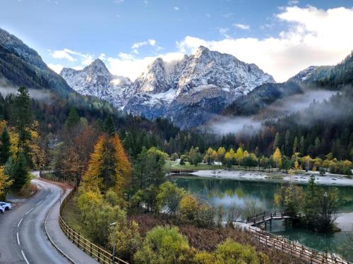 eine Straße neben einem See und Bergen in der Unterkunft Milka Boutique Hotel in Kranjska Gora