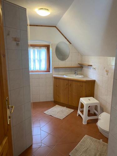 a small bathroom with a toilet and a sink at Ferienhaus Lenzau in Strohmarkt