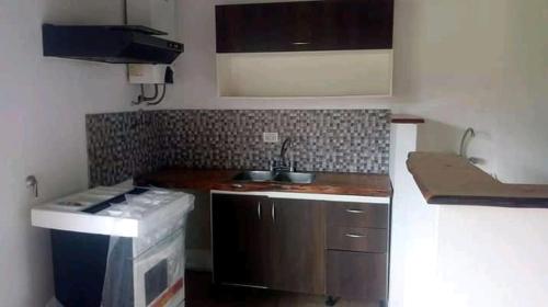 a small kitchen with a sink and a stove at Casa del campo in Mar del Plata