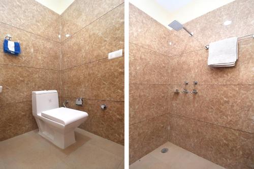 two pictures of a bathroom with a toilet and a shower at Hotel O B1 in Kartārpur