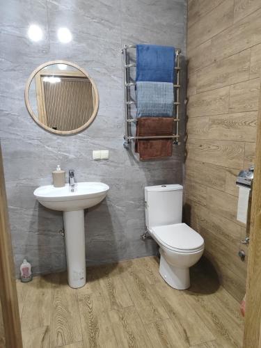 a bathroom with a sink and a toilet and a mirror at Апартаменты у новому будинку біля Либідь Плази-Ощадбанк in Khmelʼnytsʼkyy