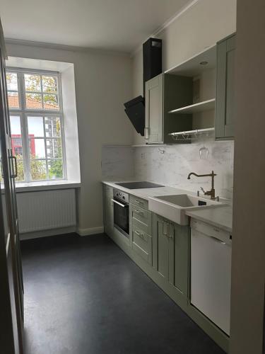 a kitchen with green cabinets and a sink and a window at 2 rok i Söderfors wärdshus in Söderfors