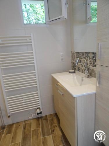a small bathroom with a sink and a mirror at Le Sécadou de Campristinie in Le Fel