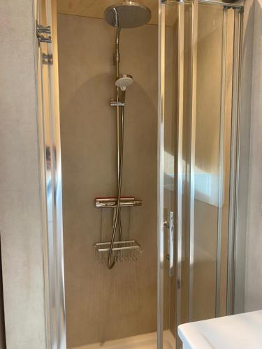 a shower with a glass door in a bathroom at Tiny House The Wave in Ons Belang