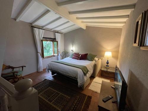 a bedroom with a bed and a window and a tv at Medieval Tuscan Town House in Lucolena in Chianti