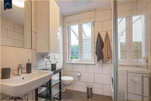 QuilitzにあるFerienhaus am Peenestromの洗面台、トイレ、シャワー付きのバスルーム