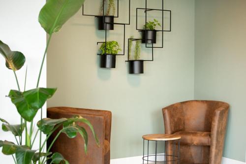 Una habitación con una silla y plantas en macetas. en Brera Stuttgart, en Stuttgart